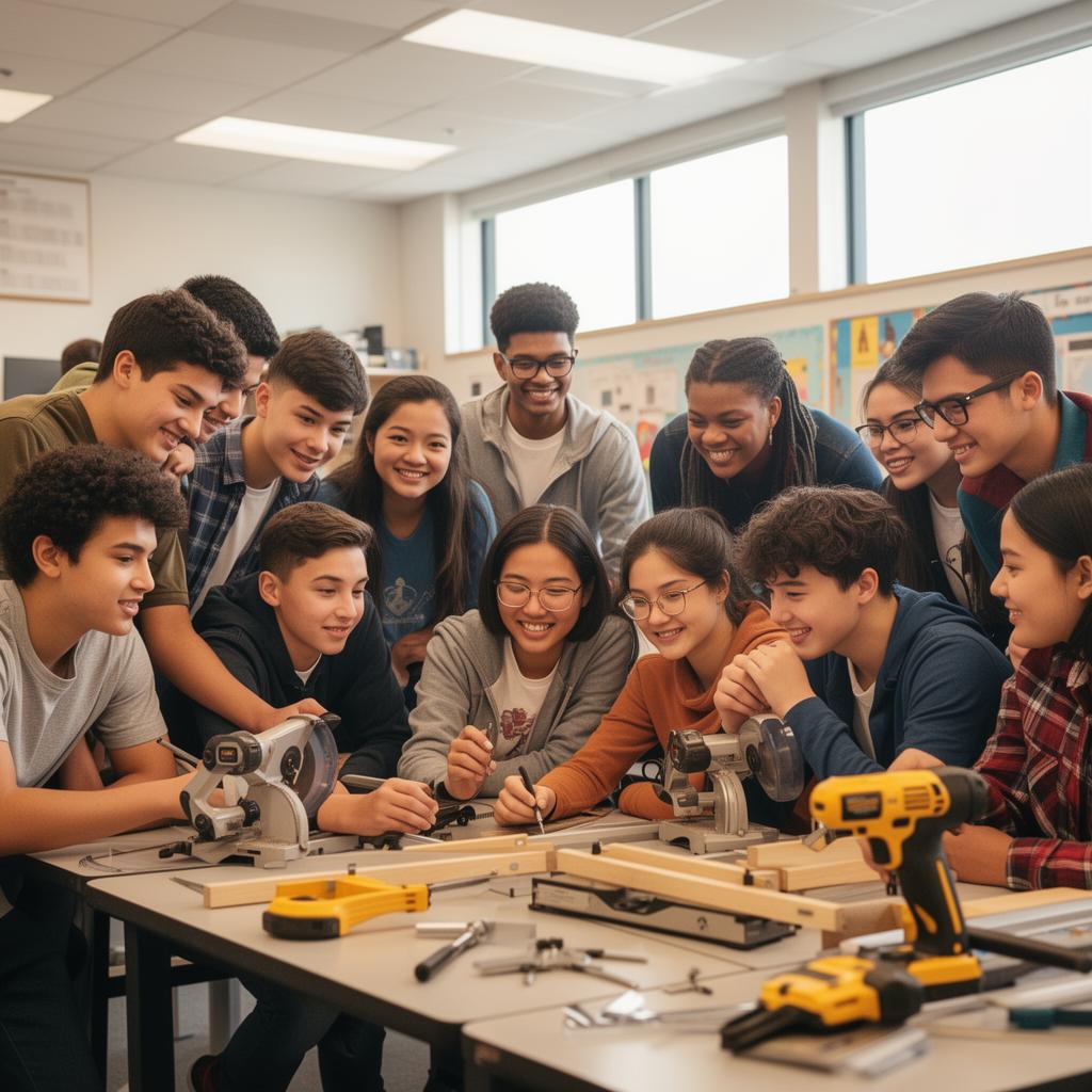 Diverse students collaborating with an educator mentor in a modern classroom